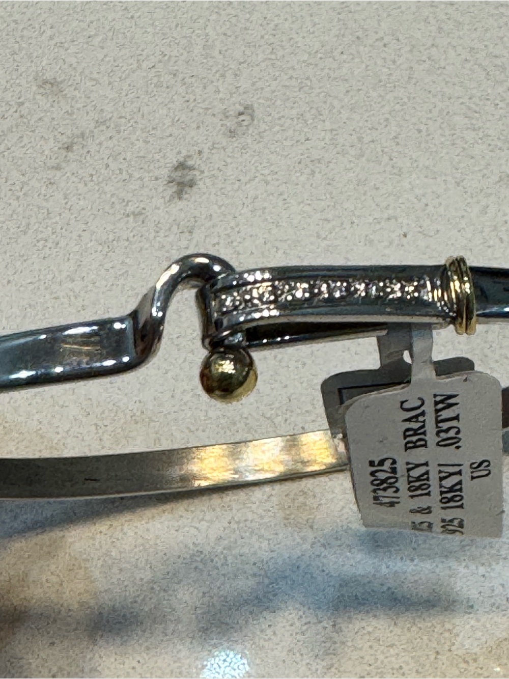 18K Yellow Gold and .925 Silver Hinged Bangle Bracelet with Diamond Accents